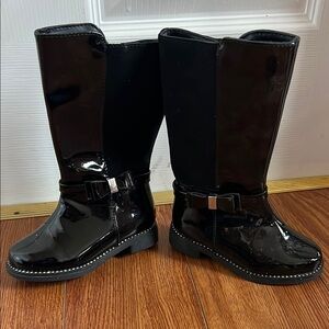 Black Patent Leather Boots with Bow Accent